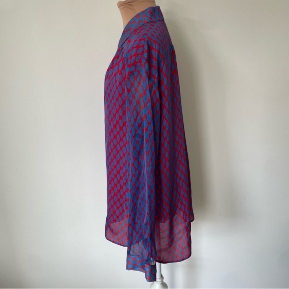 Jason Wu Miss Wu Blue Red Multi Silk Sheer Panel Long Sleeve Button Down Top 12 - Picture 2 of 9